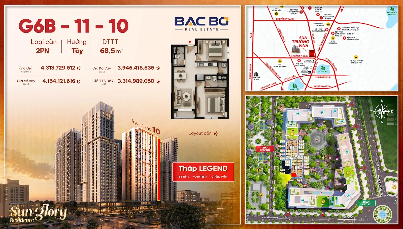 Phiếu căn 2PN G6B-1110 tòa Legend chung cư Sun Glory Residence hướng Tây 68,5 m²