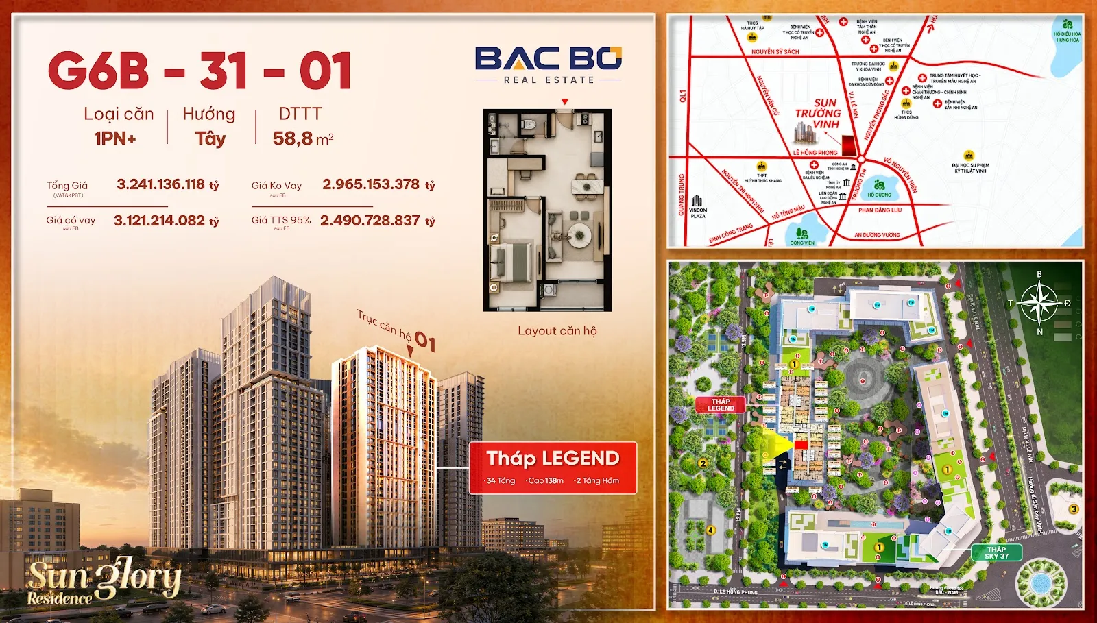 Phiếu căn G6B-3101 tòa Legend chung cư Sun Glory Residence kèm layout và giá chính thức
