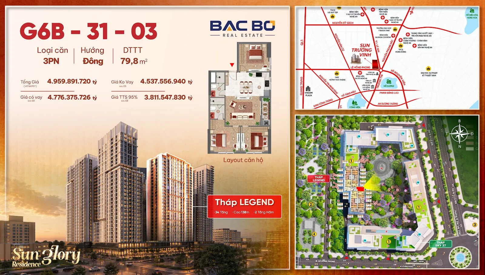 Phiếu căn 3PN G6B-3103 tòa Legend Sun Glory Residence hướng Đông 79,8 m²