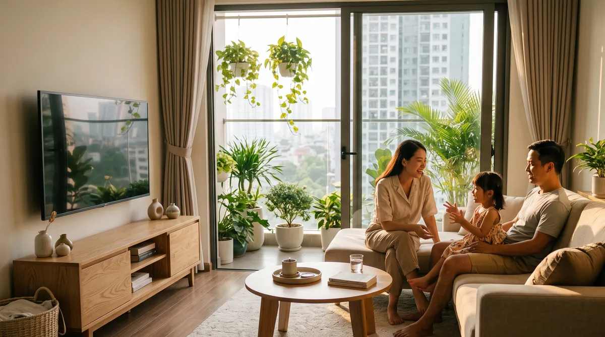 Ảnh minh họa phòng khách căn hộ chung cư Sun Glory Residence có sofa và ban công