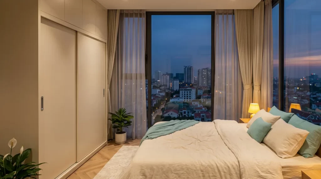 Ảnh minh họa phòng ngủ căn hộ chung cư Sun Glory Residence có tủ âm tường và cửa sổ lớn