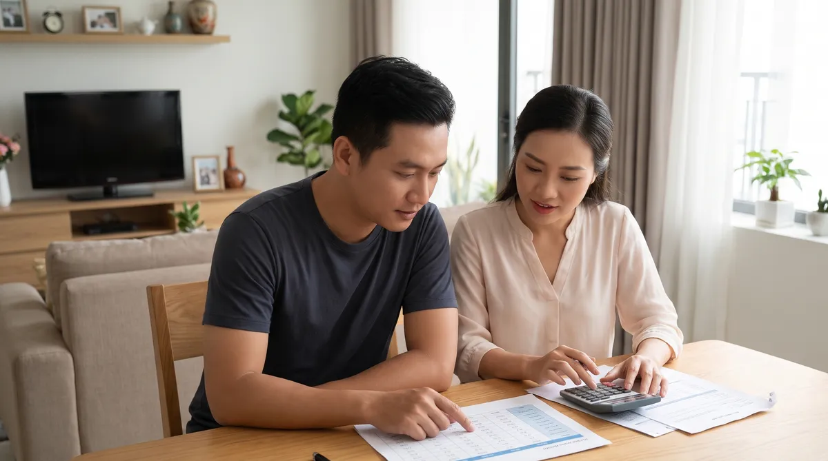 Ảnh minh họa vợ chồng so sánh phương án thanh toán chung cư Sun Glory Residence tòa Legend
