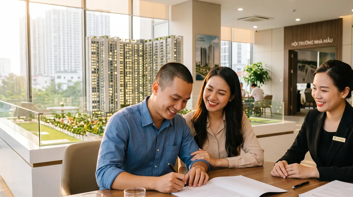 Ảnh minh họa quy trình mua căn hộ Sun Glory Residence: khách hàng ký hợp đồng tại nhà mẫu