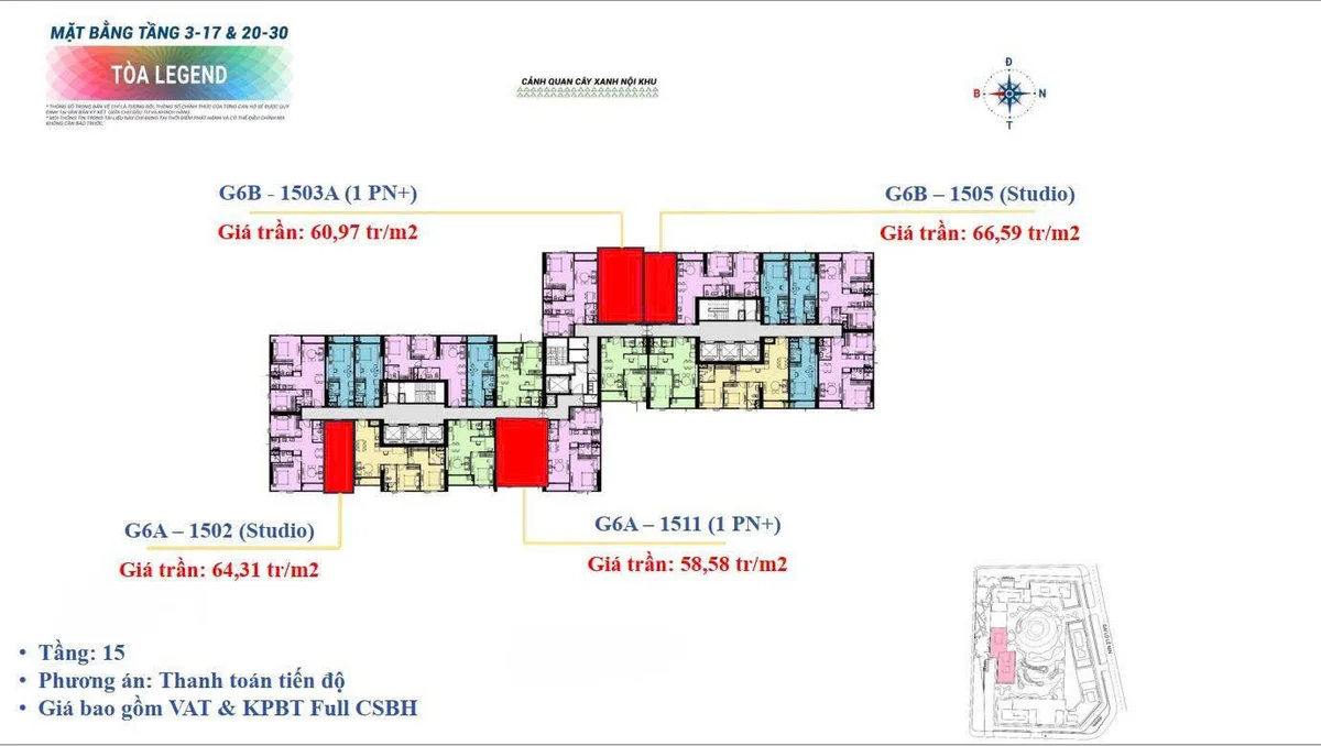 Giá Rumor tòa Legend Sun Glory Residence view nội khu và ngoại khu, tầng 15