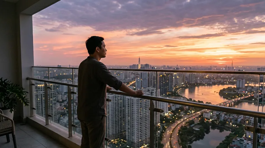Ảnh minh họa ngắm thành phố từ ban công tầng cao tòa Sky 37 Sun Glory Residence