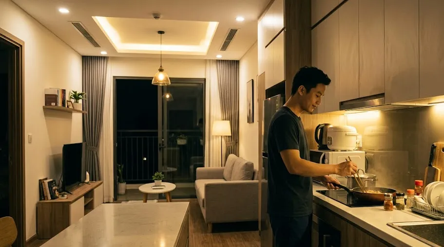 Ảnh minh họa chàng trai độc thân nấu ăn trong bếp căn hộ 1 phòng ngủ Sun Glory Residence