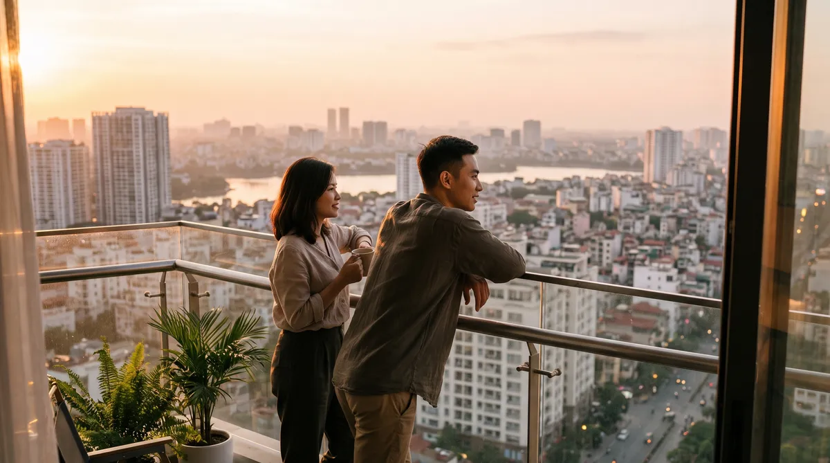 Ảnh minh họa cặp vợ chồng ngắm thành phố từ ban công tầng cao chung cư Sun Glory Residence tòa Legend