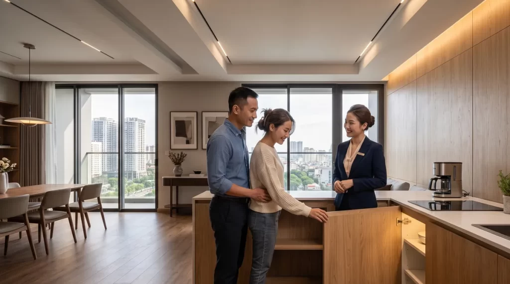 Ảnh minh họa khách tham quan căn hộ mẫu Sun Glory Residence cùng chuyên viên tư vấn