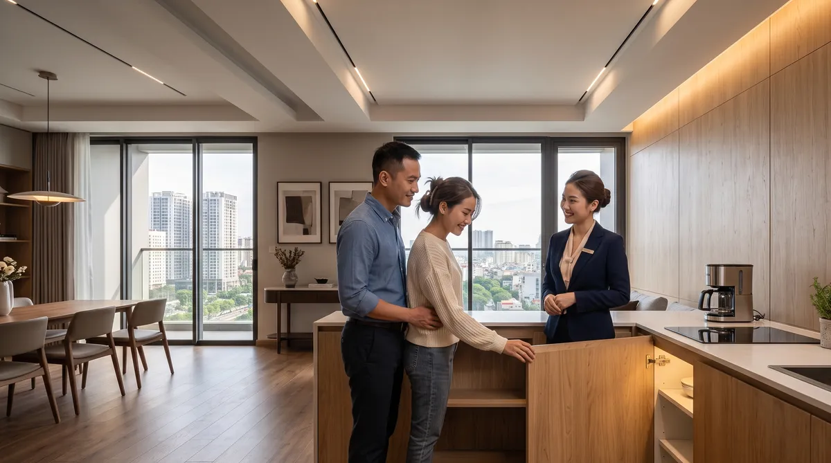 Ảnh minh họa khách tham quan căn hộ mẫu Sun Glory Residence cùng chuyên viên tư vấn