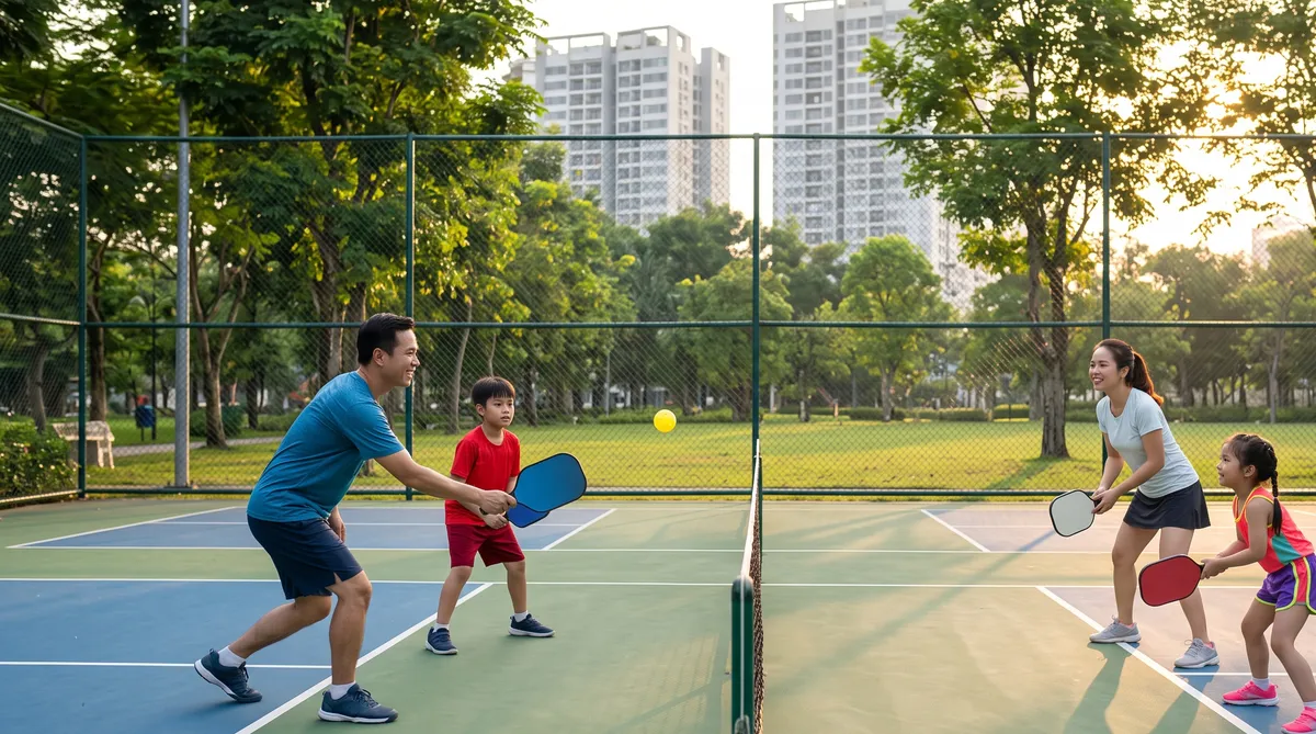 Ảnh minh họa gia đình chơi pickleball, thể thao ngoài trời gần chung cư Sun Glory Residence