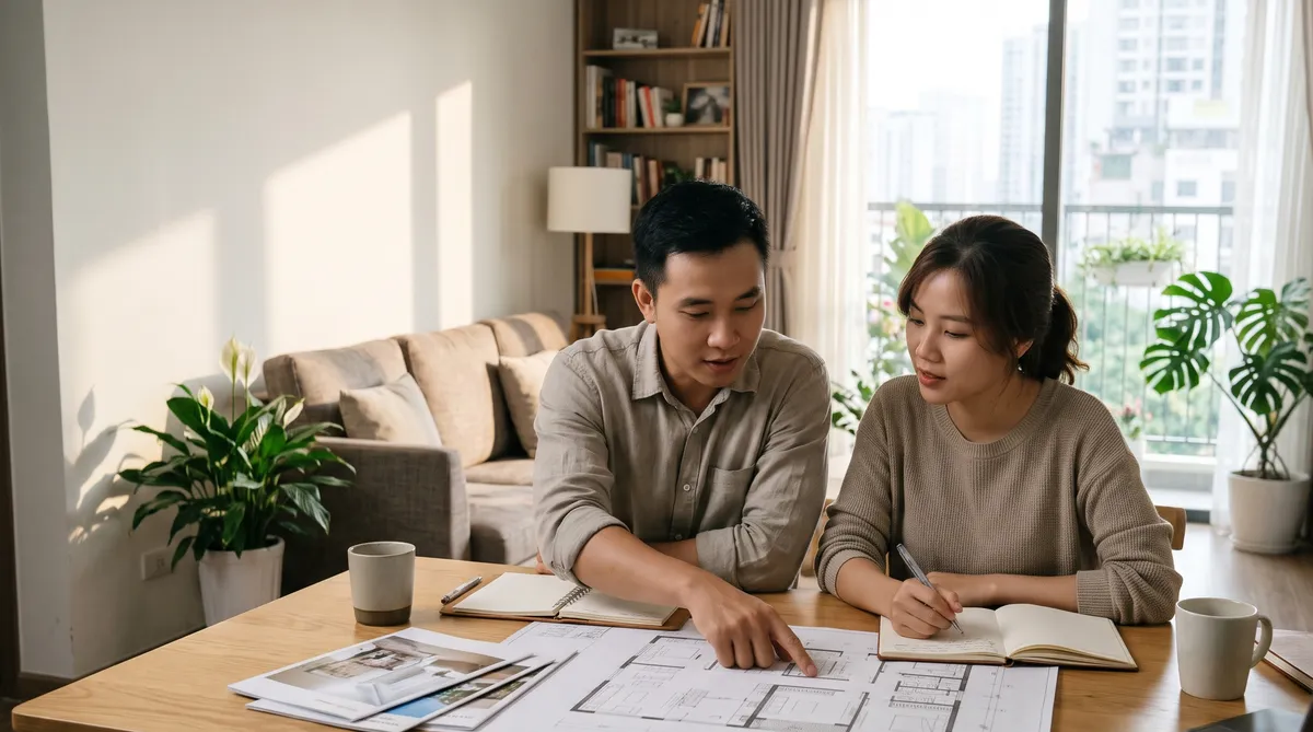Ảnh minh họa vợ chồng trẻ tìm hiểu thuật ngữ mua căn hộ chung cư Sun Glory Residence
