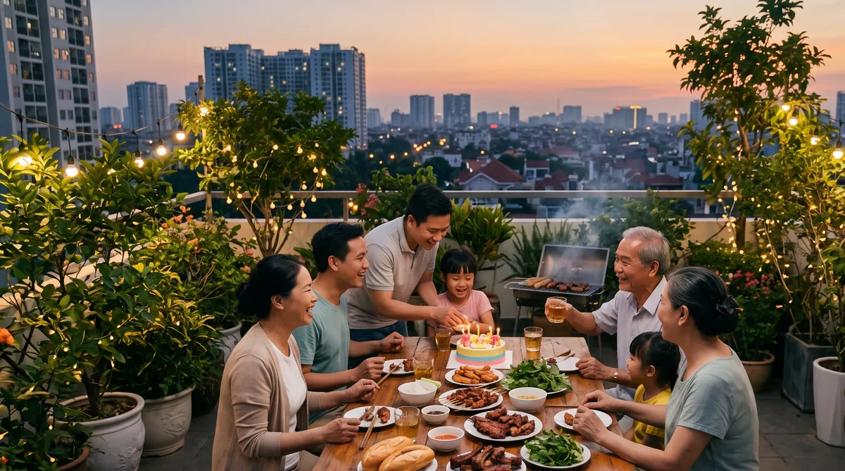 Ảnh minh họa tổ chức tiệc gia đình trên vườn tầng mái chung cư Sun Glory Residence