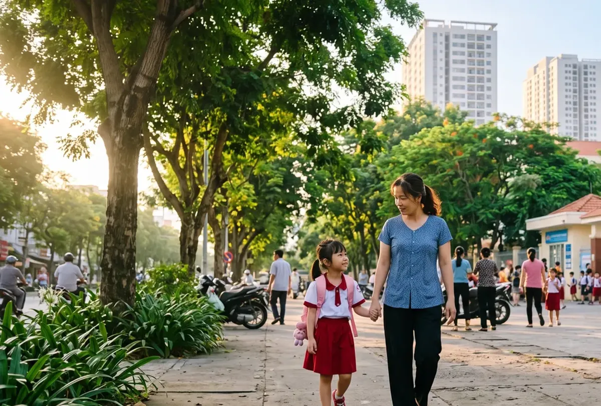 Ảnh minh họa mẹ đưa con tới trường học quanh Sun Glory Residence